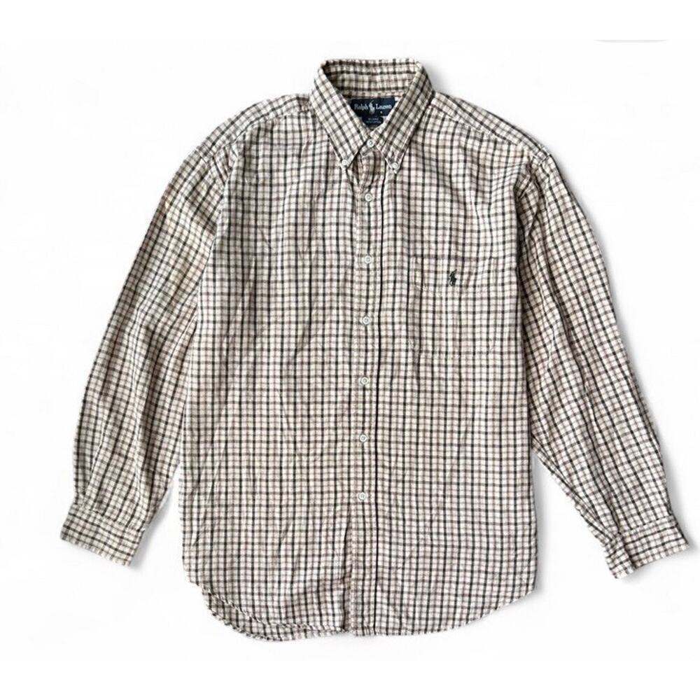 Men’s Ralph Lauren Blaire Green Tan Red Plaid Long Sleeve Cotton Polo Size L